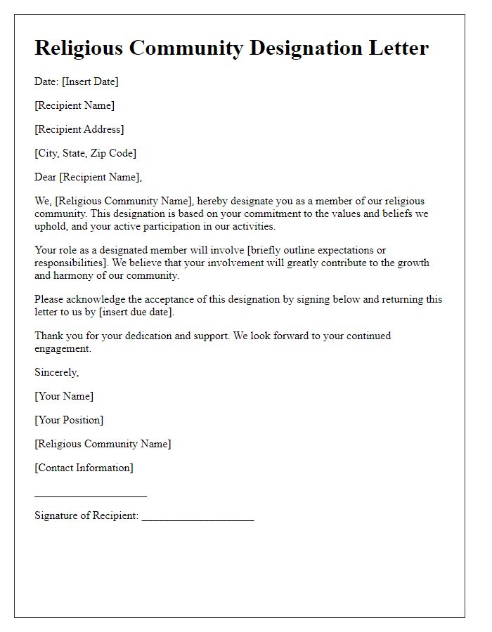 Letter template of religious community designation