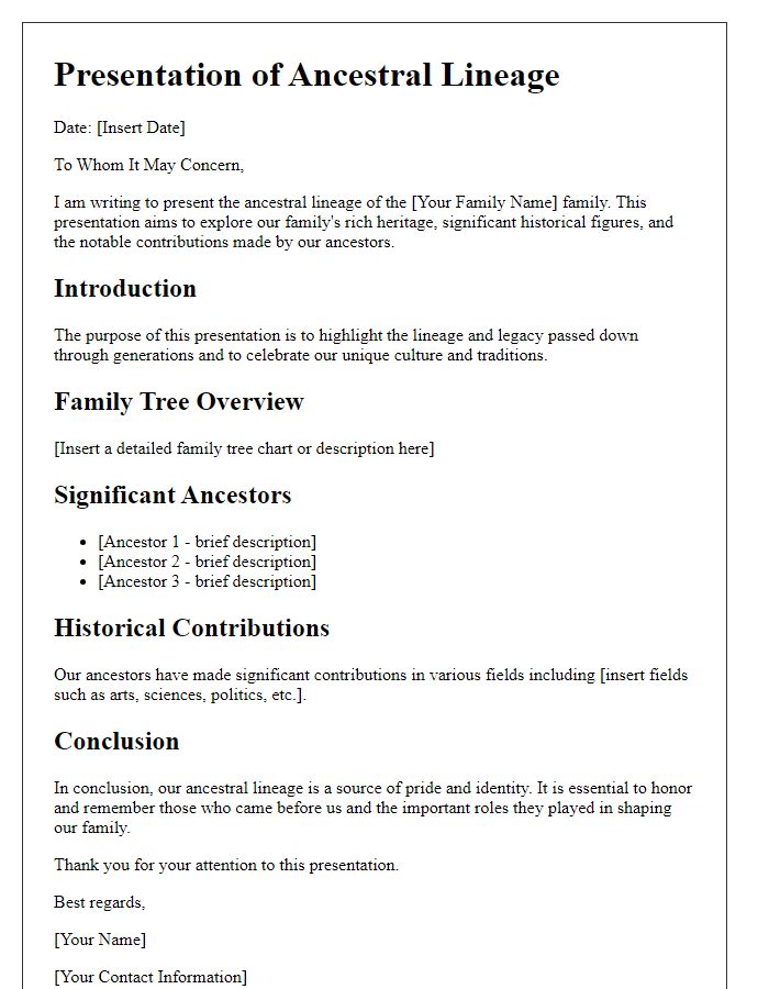 Letter template of ancestral lineage presentation