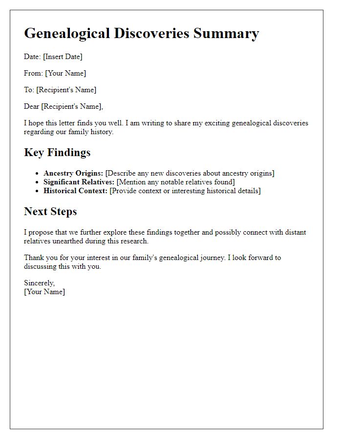 Letter template of genealogical discoveries summary