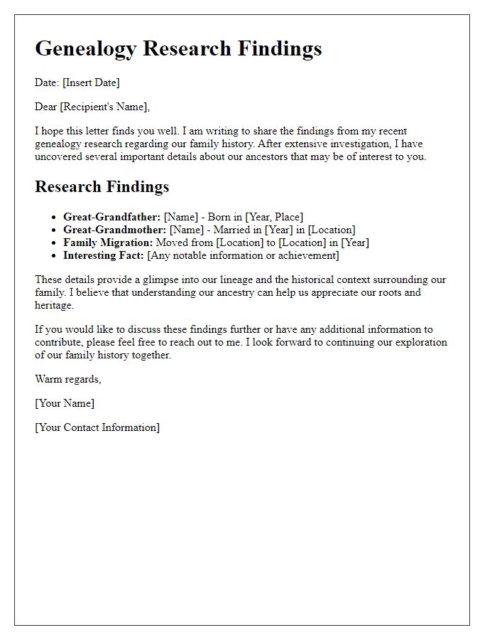 Letter template of genealogy research findings