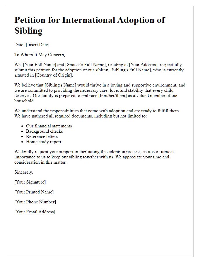 Letter template of international adoption petition for sibling adoption