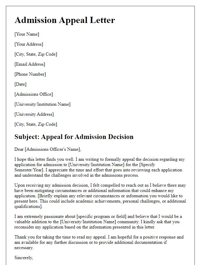 Letter template of appeal for admission documentation