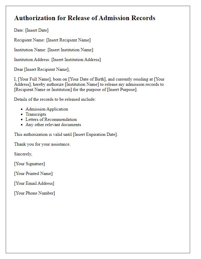 Letter template of authorization for release of admission records