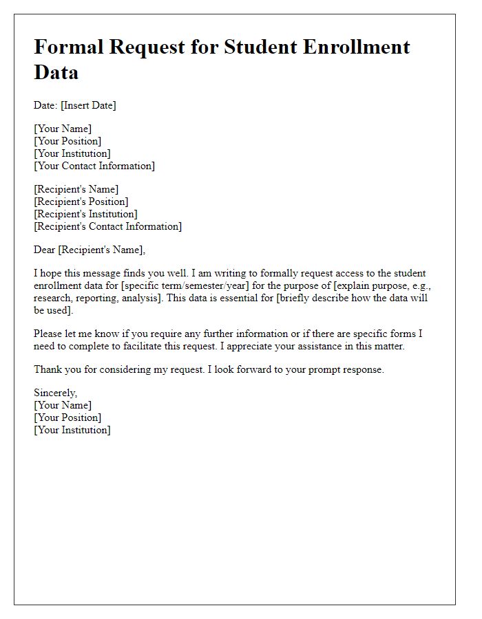 Letter template of formal request for student enrollment data