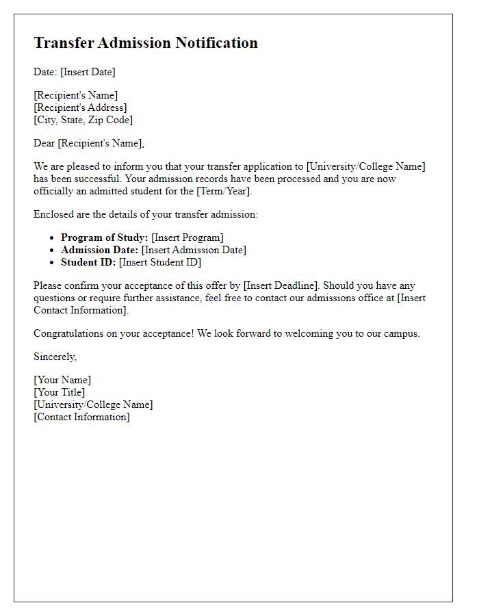 Letter template of notification for transfer admission records