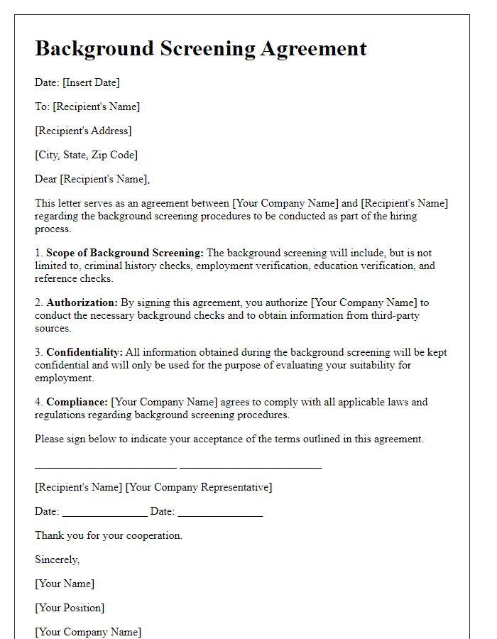 Letter template of agreement for background screening procedures.