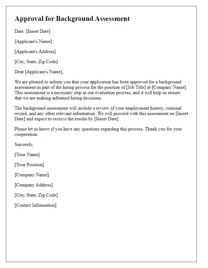 Letter template of approval for background assessment.