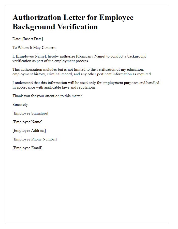 Letter template of authorization for employee background verification.