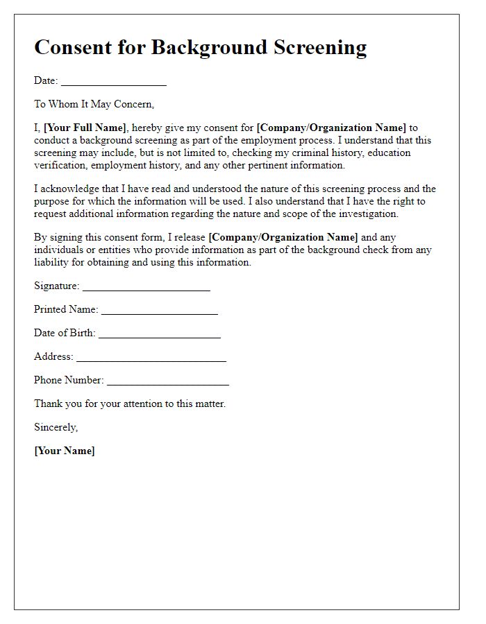 Letter template of consent for staff background screening.