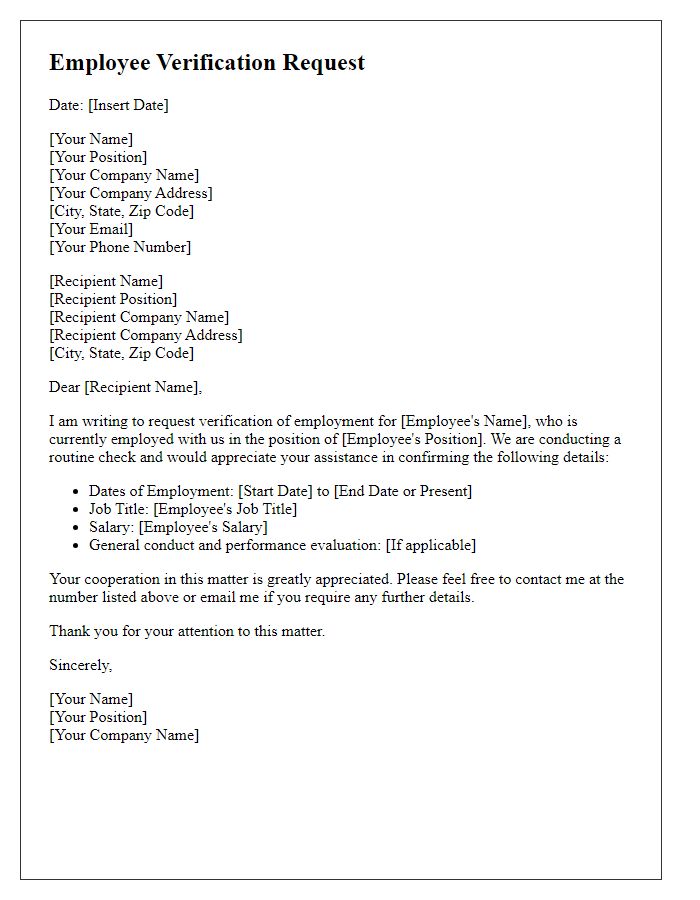 Letter template of employee verification request.