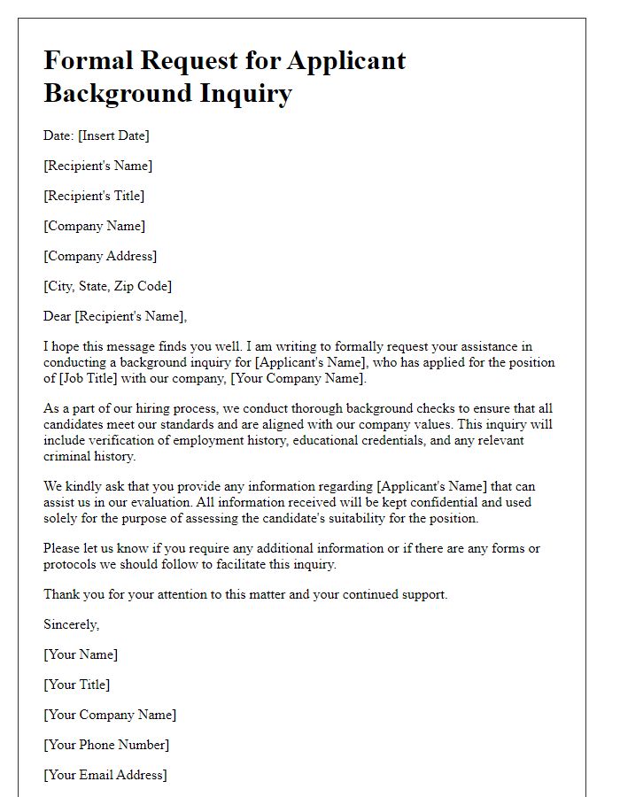 Letter template of formal request for applicant background inquiry.