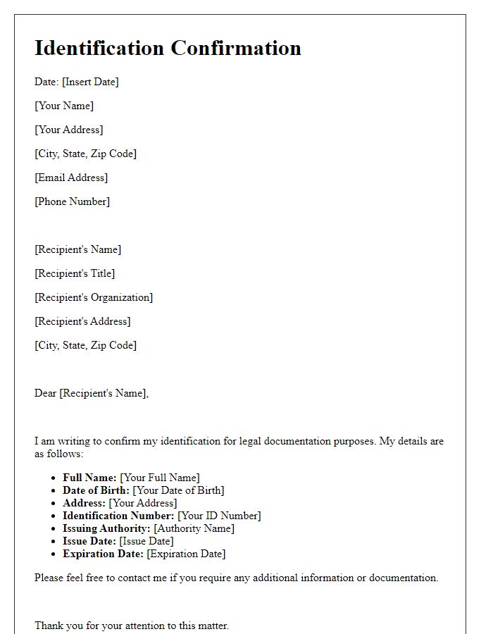 Letter template of identification confirmation for legal documentation