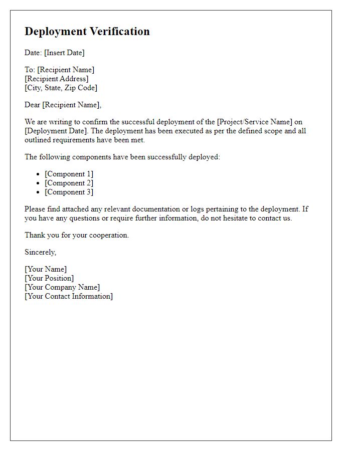 Letter template of deployment verification