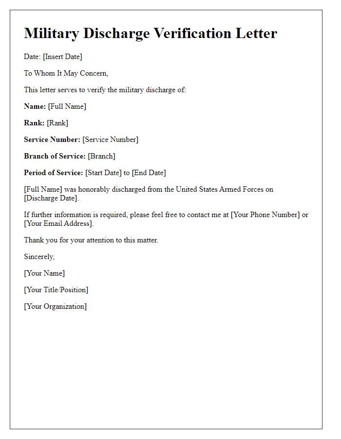 Letter template of military discharge verification