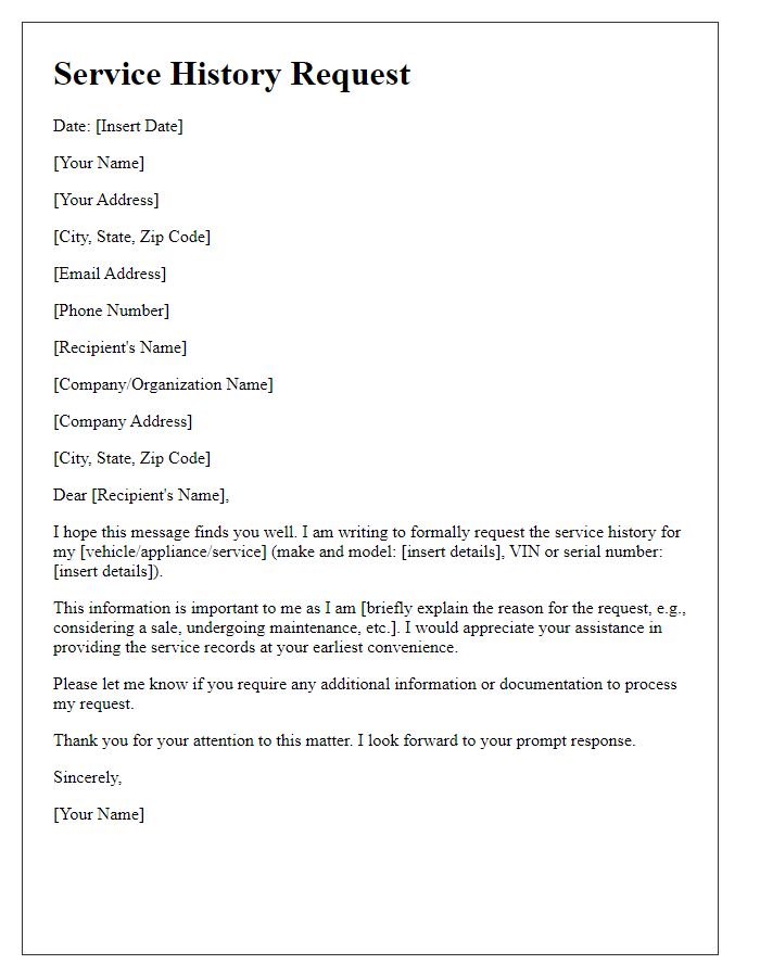 Letter template of service history request