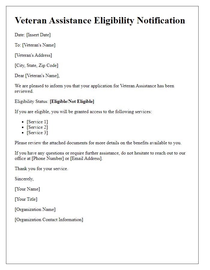 Letter template of veteran assistance eligibility