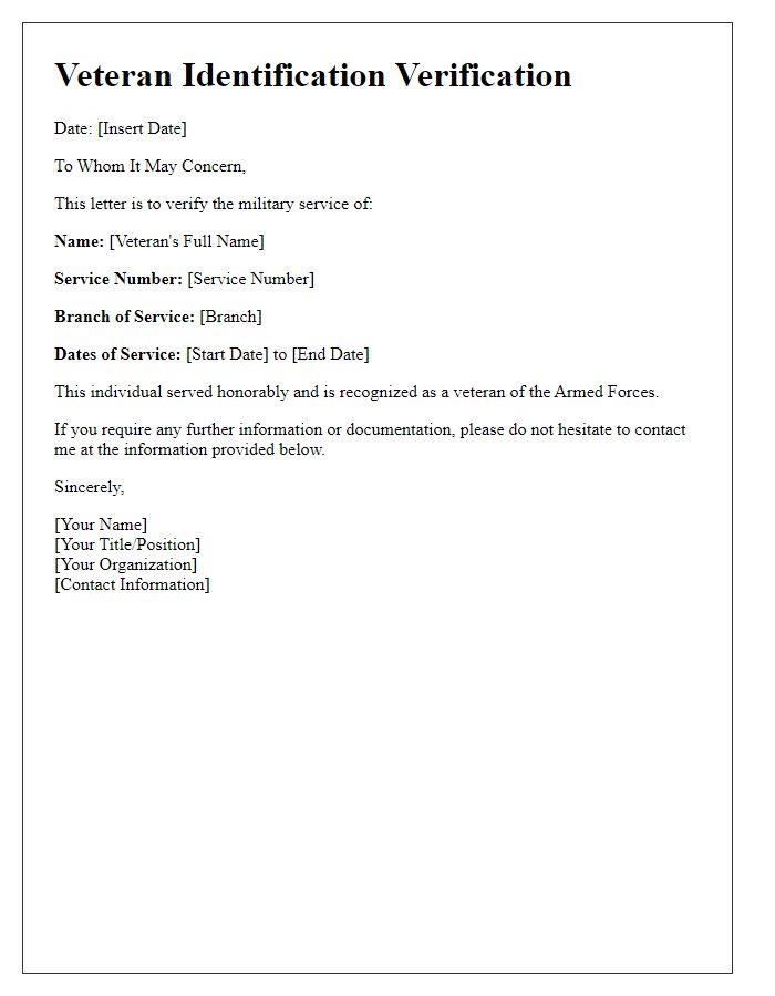 Letter template of veteran identification verification