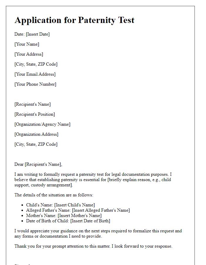 Letter template of application for paternity test for legal documentation.