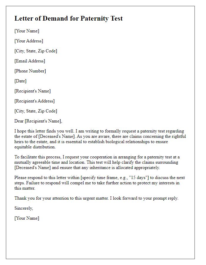 Letter template of demand for paternity test for inheritance claims.