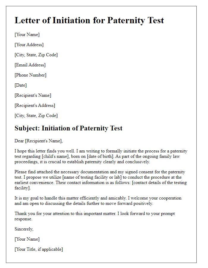 Letter template of initiation for paternity test for family law proceedings.