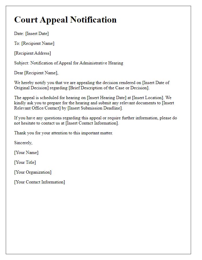 Letter template of court appeal notification for administrative hearing.