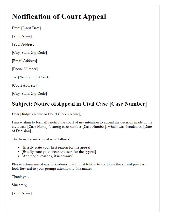 Letter template of court appeal notification for civil case.