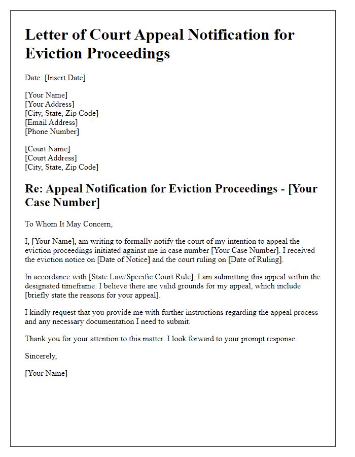 Letter template of court appeal notification for eviction proceedings.