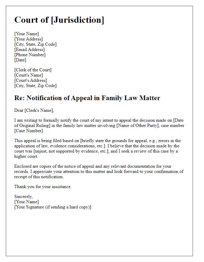 Letter template of court appeal notification for family law matter.