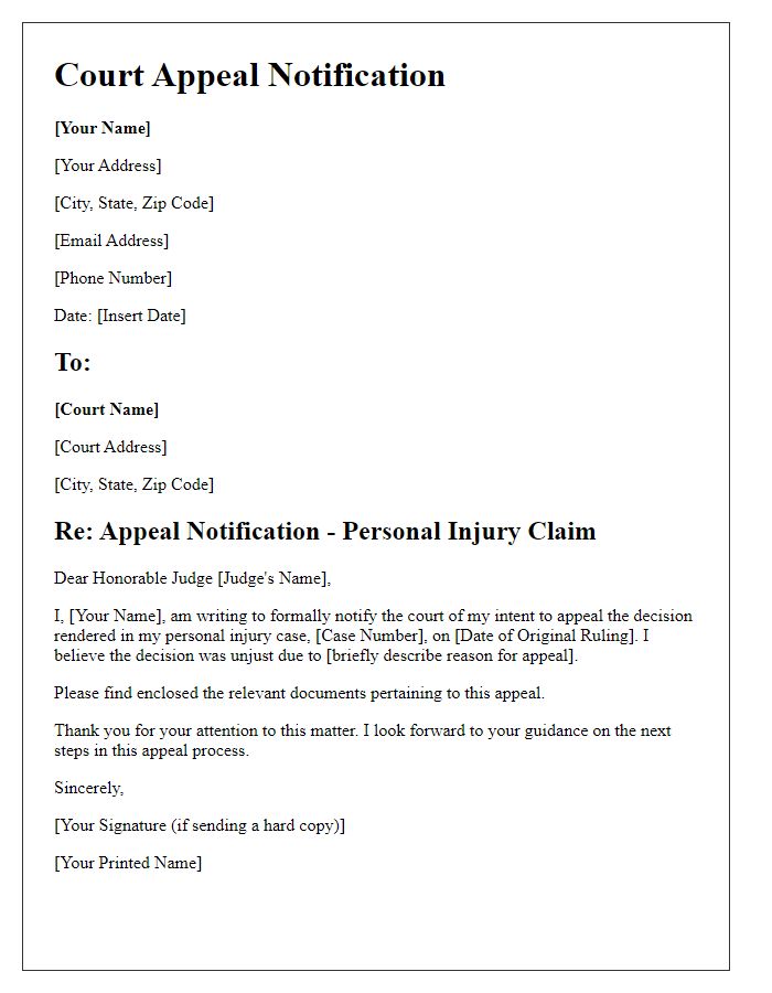 Letter template of court appeal notification for personal injury claim.