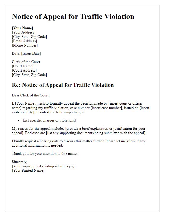 Letter template of court appeal notification for traffic violation.