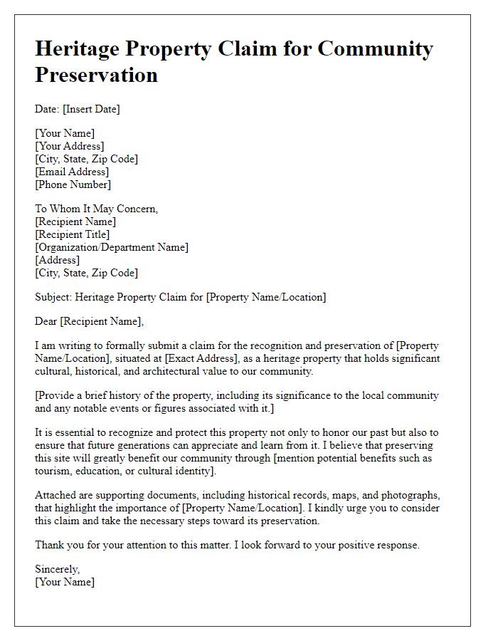 Letter template of heritage property claim for community preservation.