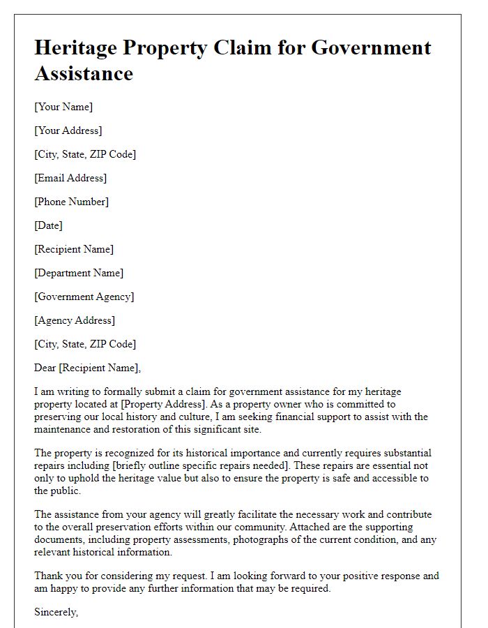 Letter template of heritage property claim for government assistance.