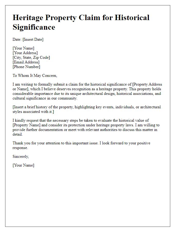 Letter template of heritage property claim for historical significance.