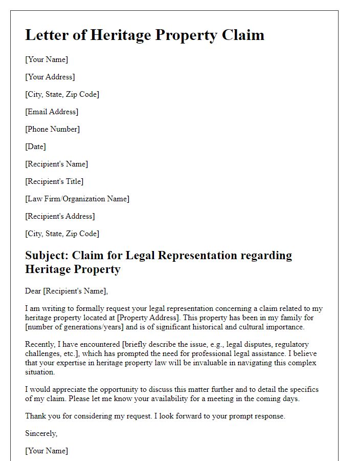 Letter template of heritage property claim for legal representation.