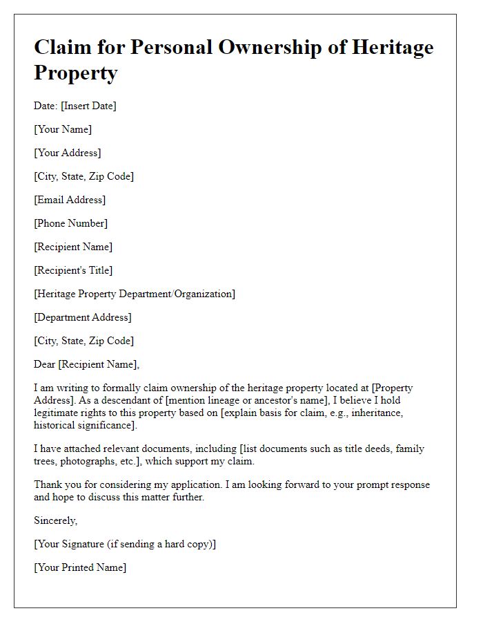 Letter template of heritage property claim for personal ownership.