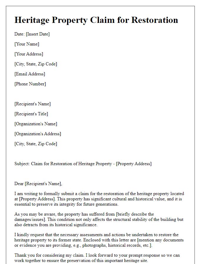 Letter template of heritage property claim for property restoration.