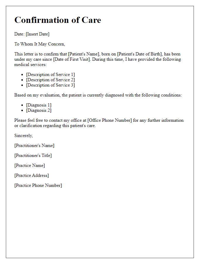 Letter template of healthcare practitioner confirmation of care