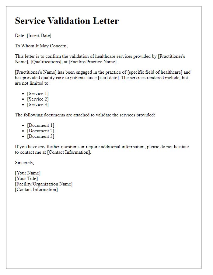 Letter template of healthcare practitioner service validation