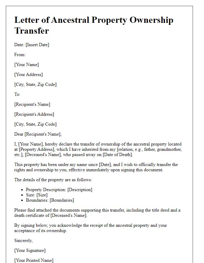 Letter template of ancestral property ownership transfer