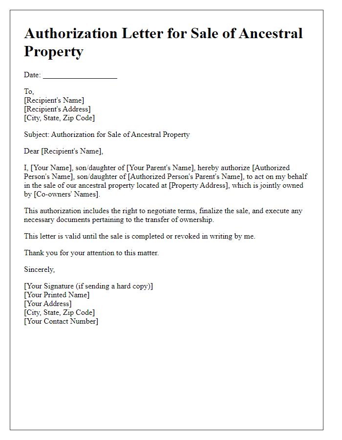 Letter template of ancestral property sale authorization