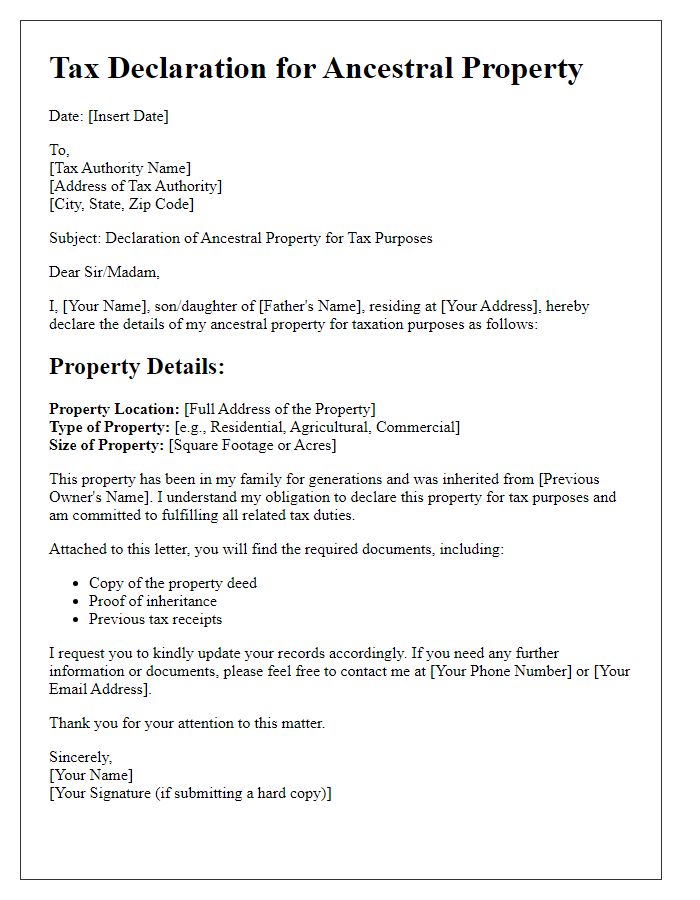 Letter template of ancestral property tax declaration