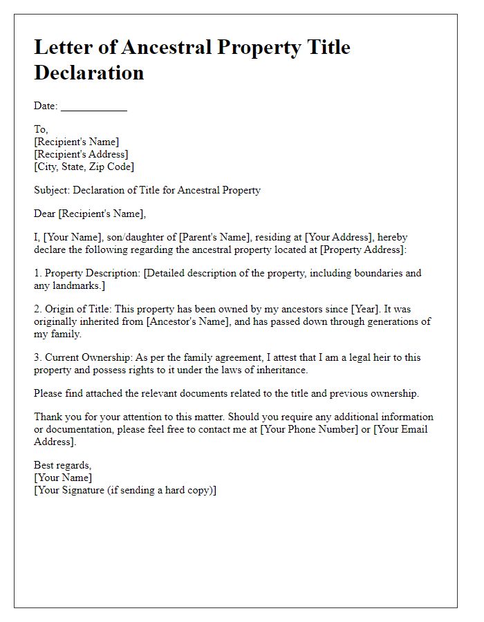 Letter template of ancestral property title declaration