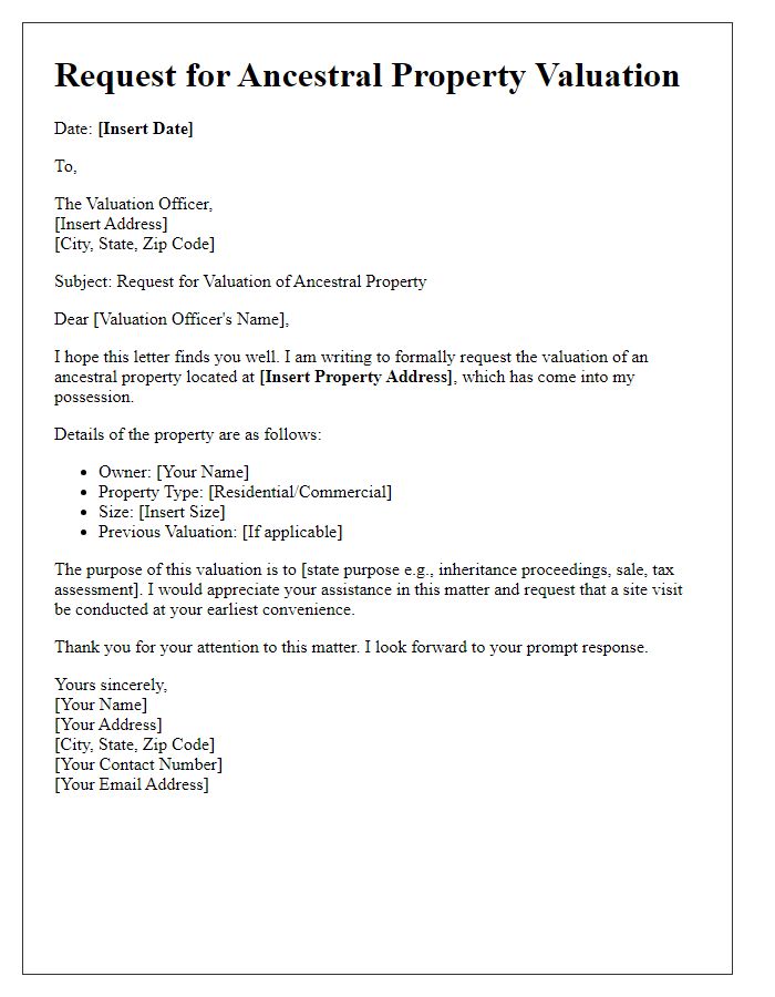 Letter template of ancestral property valuation request