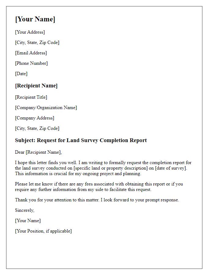 Letter template of formal request for land survey completion report