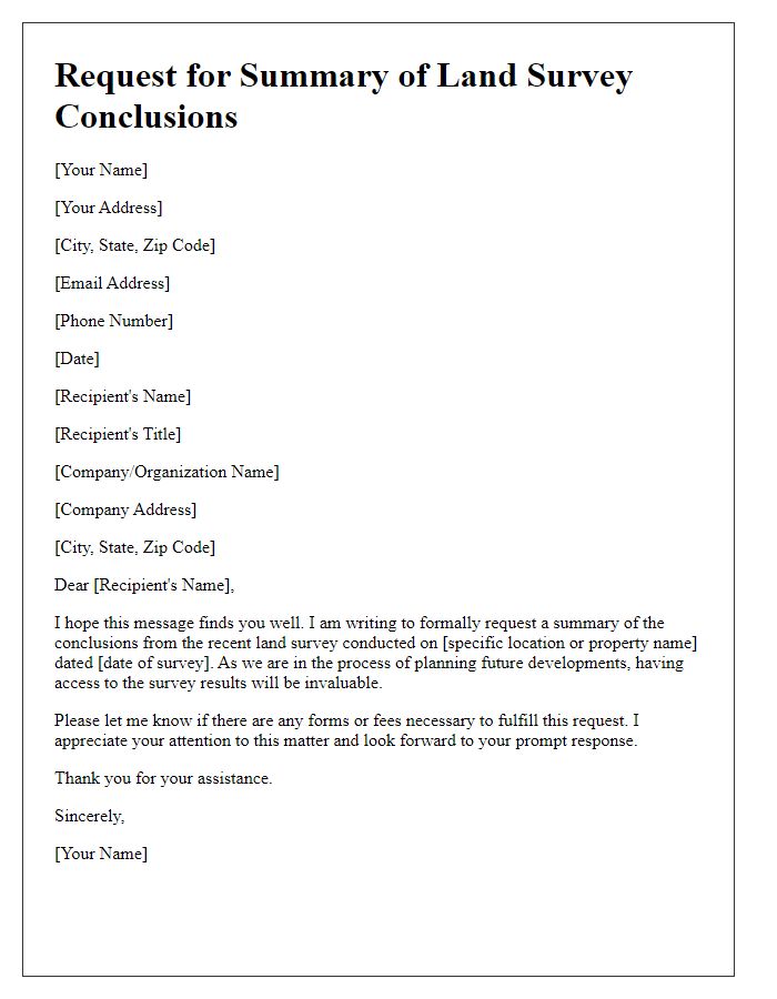 Letter template of request for a summary of land survey conclusions