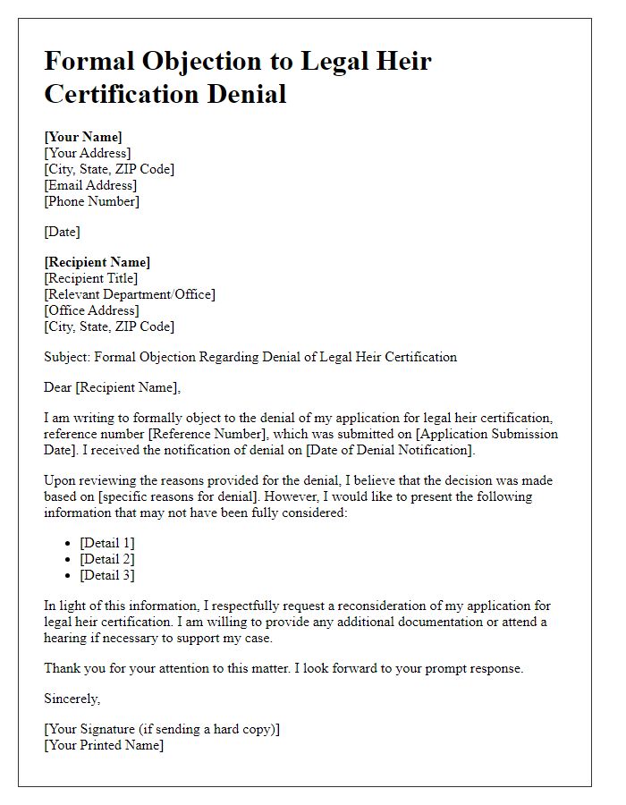 Letter template of formal objection regarding legal heir certification denial