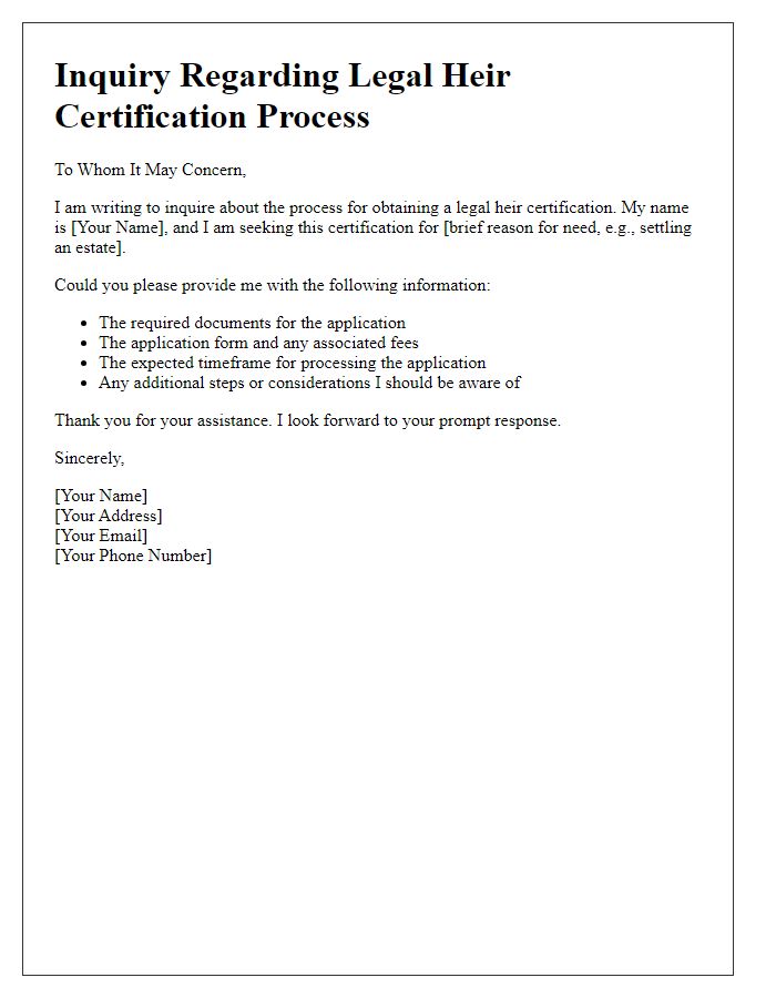 Letter template of inquiry regarding legal heir certification process