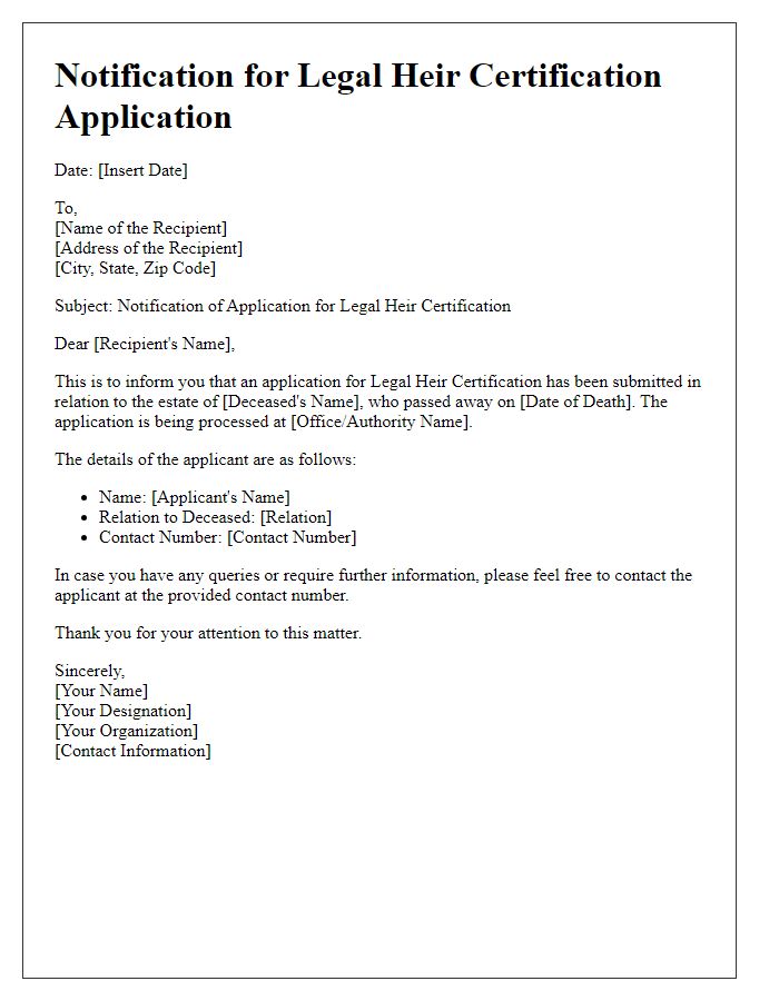 Letter template of notification for legal heir certification application