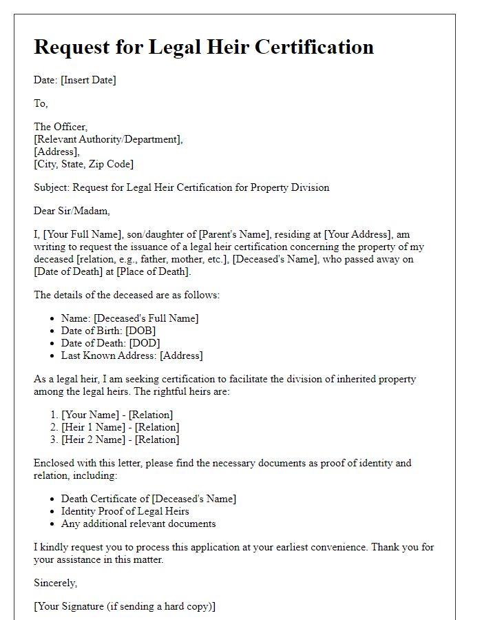 Letter template of request for legal heir certification for property division