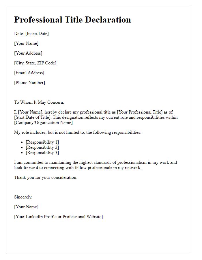 Letter template of professional title declaration for professional networking.